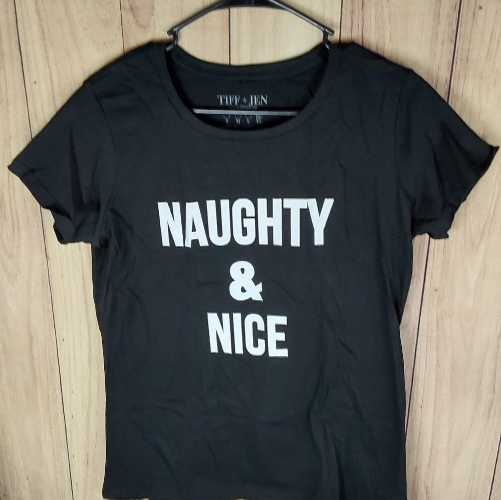 Tiff And Jen Black Graphic T-shirt Naughty And Nice Short Sleeve, Crew Neck.